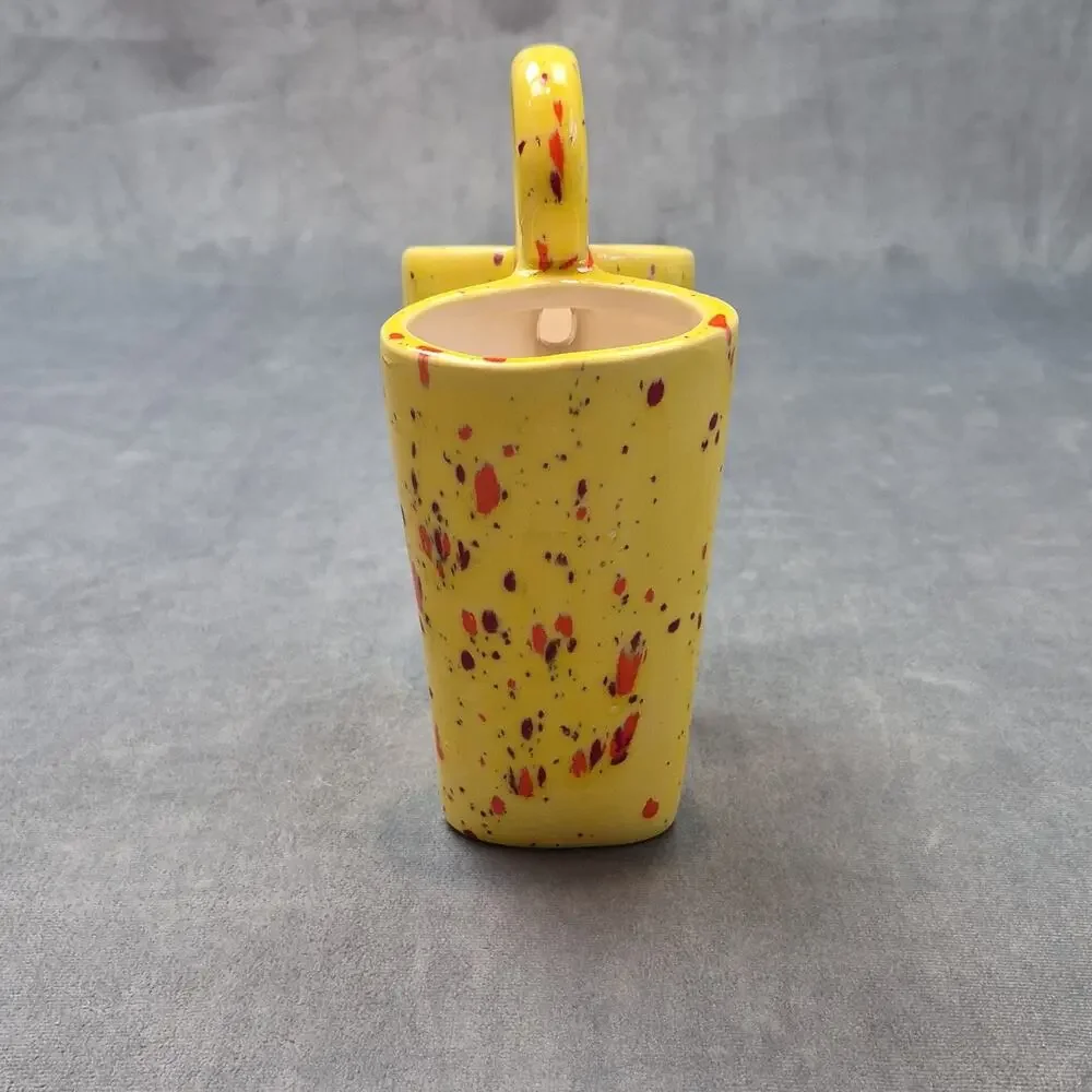Vintage 1980s Ceramic Double Bud Vase Splatter Speckled Yellow Orange Drip Vase